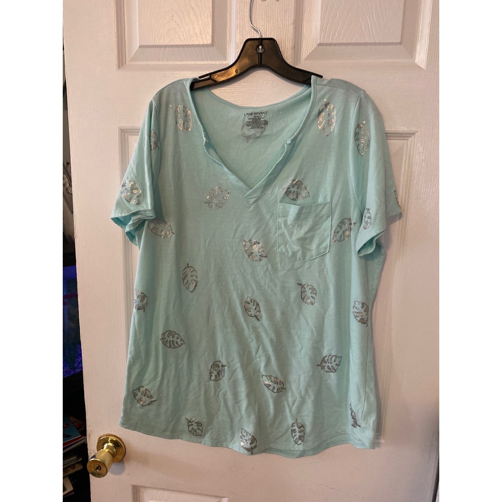 Lane Bryant Aqua Blue Silver Foil Monstera Leaf V-Neck Pocket Tee Top 14/16